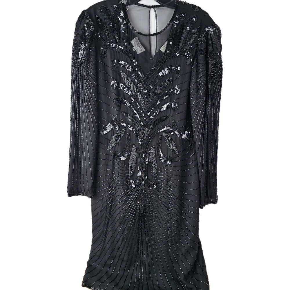 Stenay Womens Vintage Sequin Beaded Silk Dress Size 10 80s Back LS‎ Evening